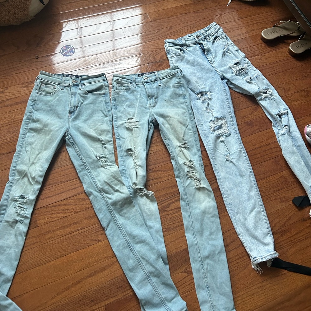 Hollister + AE Light Blue Ripped Skinny Jeans 3 PAIRS